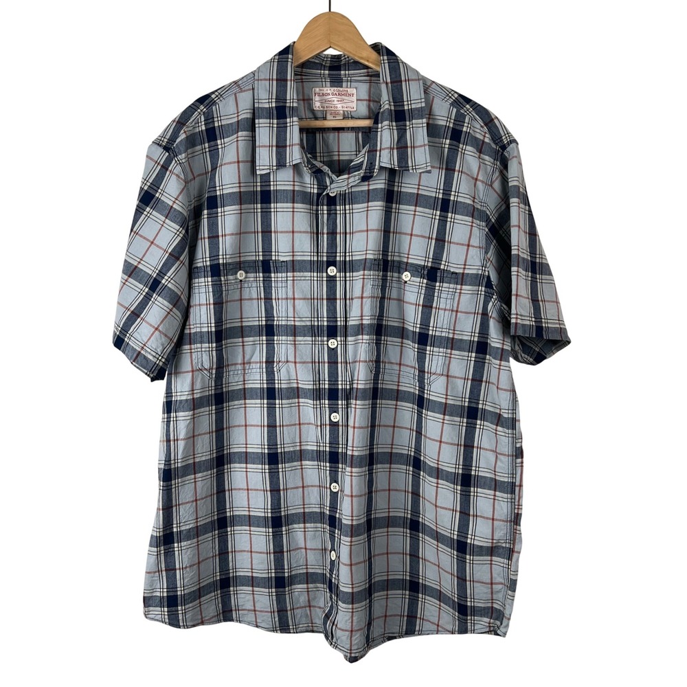 Filson‎ Mens XL Short Sleeve Plaid Button Down Shirt Indigo Blue